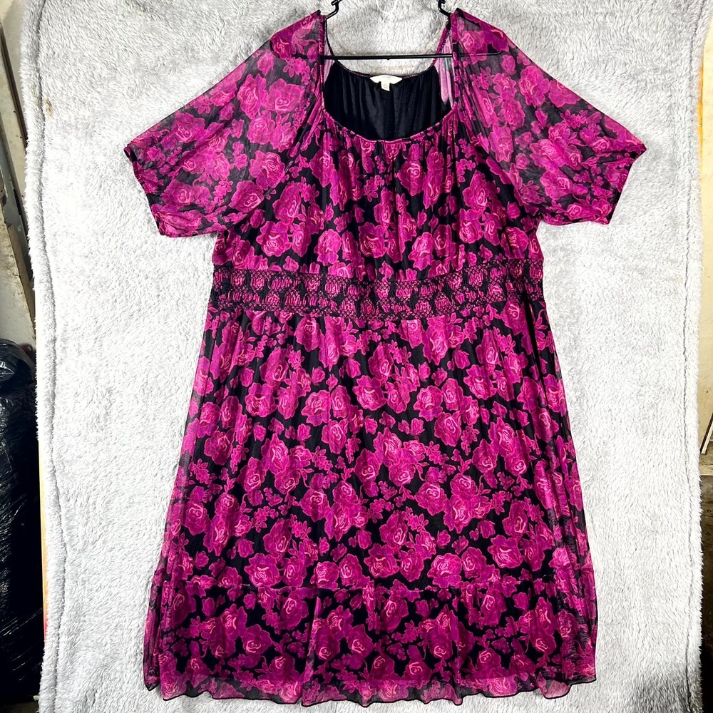 Terra & Sky Midi Dress Womens 4X Pink Black Floral Smocked Mesh Square Neck